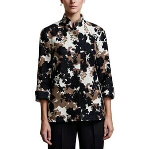 Coldwater Creek Jacket Floral Black Brown Mandarin Collar Fall Lined Boho Sz 8